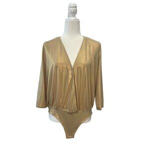 Nora Barth One Piece Long Sleeve Blouse liquid fabric Metallic Sheen Gold Size 4